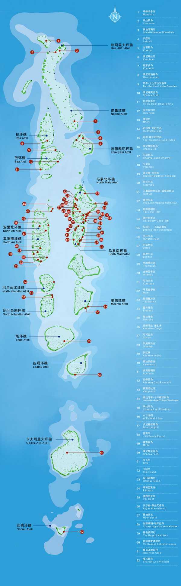 马尔代夫环礁与各岛屿图